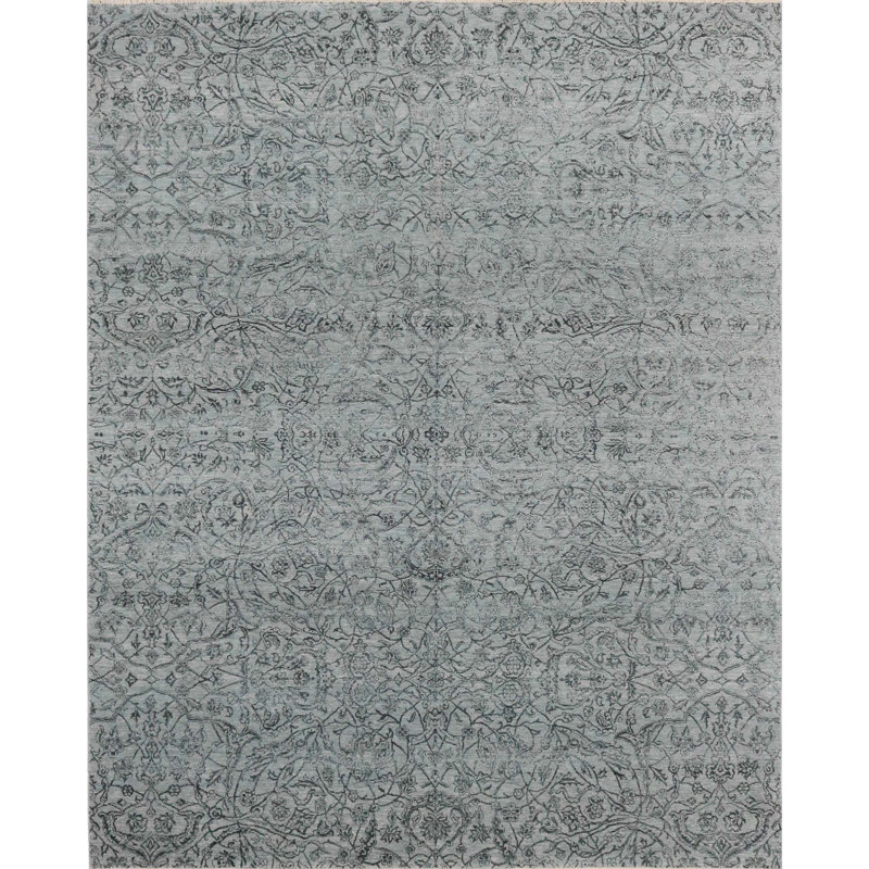 Hand Knotted Damask Area Rug in Charcoal/Blue, Rectangle 8' x 10'