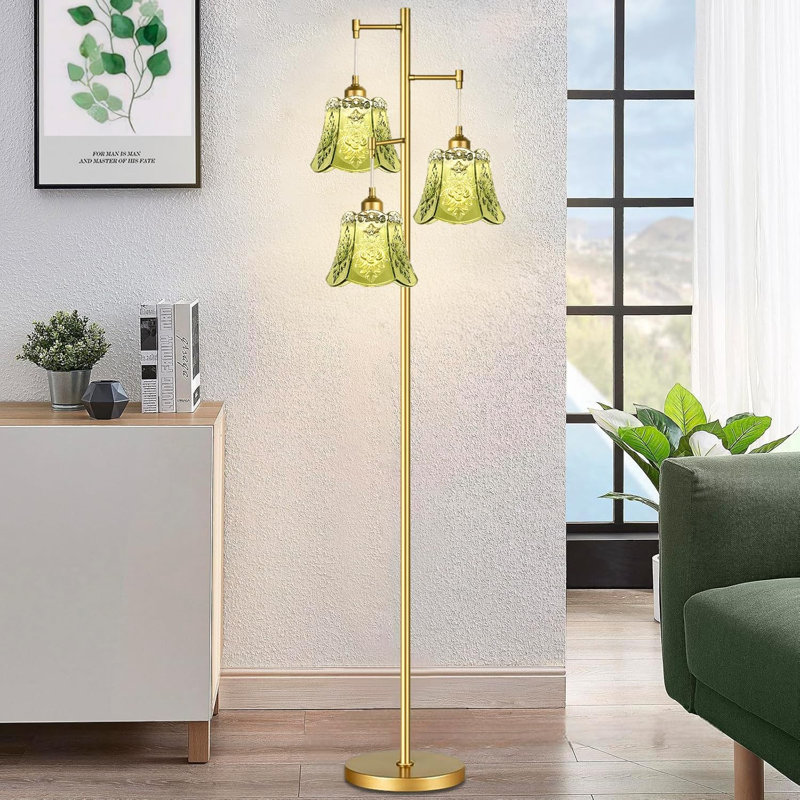 69-inch Green Bohemian-style Three-head Floor Lamp With Glass Floral Shade And Iron Base Frame, Suitable For Living Rooms, Studies, And Bedrooms.