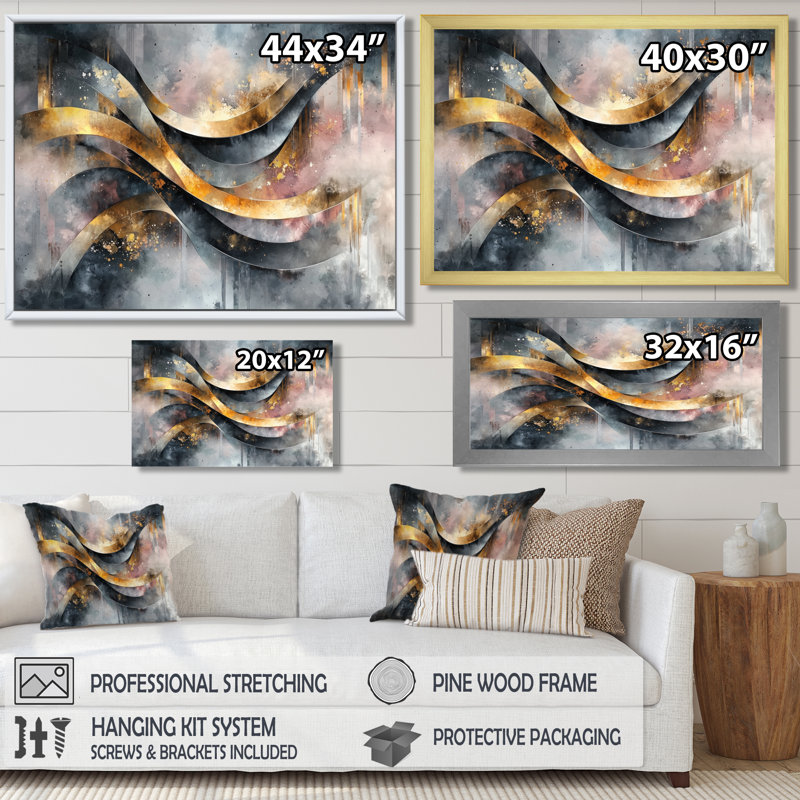 «Geometric Ink Pulse V - Abstract Spirals», art mural sur toile, Cadre flottant, Crème, crème, H 24 po x l 32 po