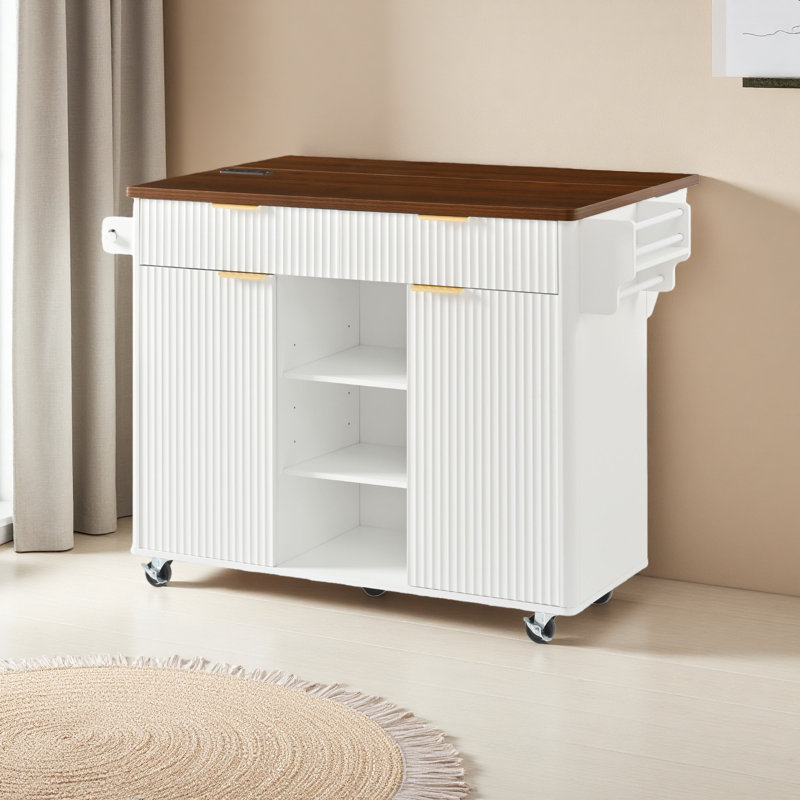 Îlot de cuisine cannelé de 52 po avec rallonge, prise de courant, chariot de rangement de cuisine avec tablettes réglables, 2 portes et 2 tiroirs