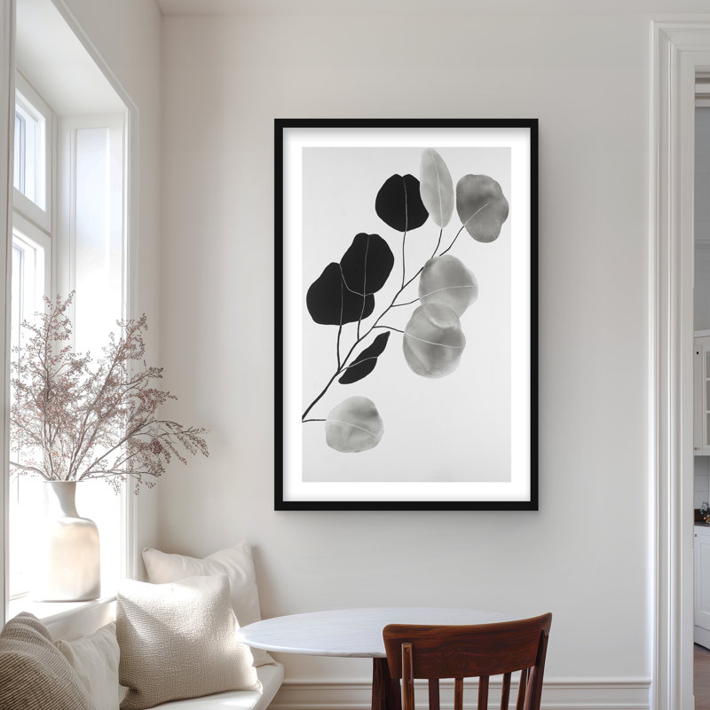 Branche en niveaux de gris avec feuilles rondes - reproduction d'art nature morte encadrée