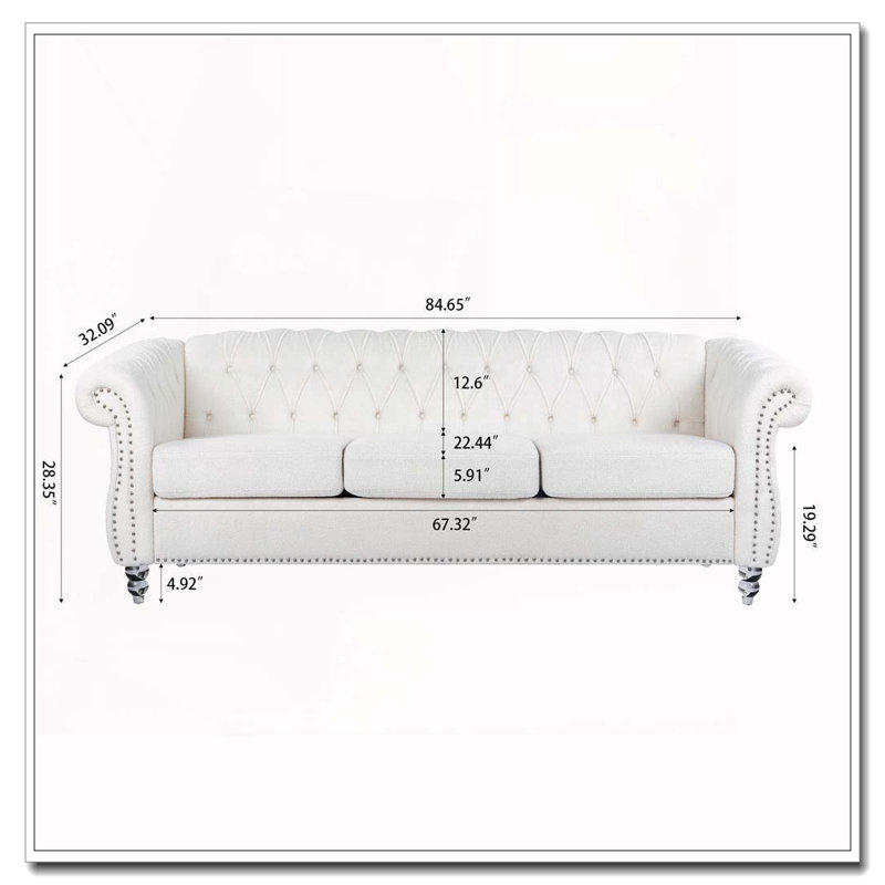 Canapé Chesterfield à accoudoirs roulés 3 places 84,65 po, Polyester blanc