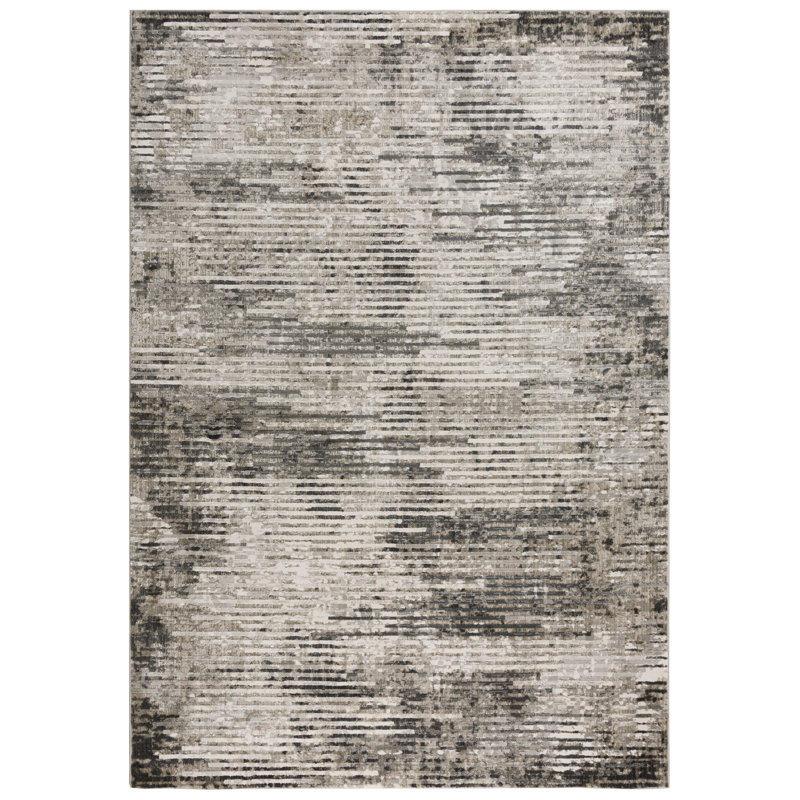 Tapis rectangulaire rectangulaire en polyester tissé à la machine ivoire / gris, Rectangle 6 pi 7 po x 9 pi 6 po