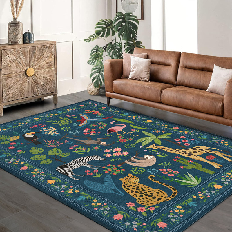 Washable Rugs for Living Room Area Rugs for Bedroom Scalloped Rug Modern Bordered Non Slip Kids Bedroom Carpet Stain Resistant Floor Cover