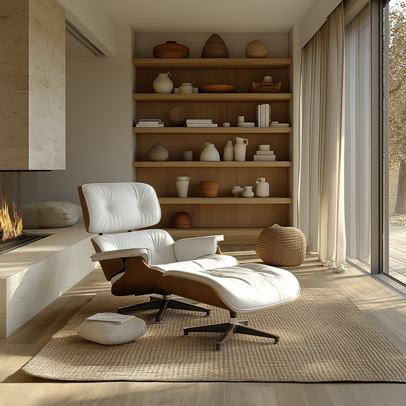 Real Leather lounge chair with Solid Wood, Dark Wood White Genuine Leather
