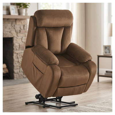 Fauteuil releveur électrique avec télécommande, revêtement en velours antidérapant, rangement latéral, brun
