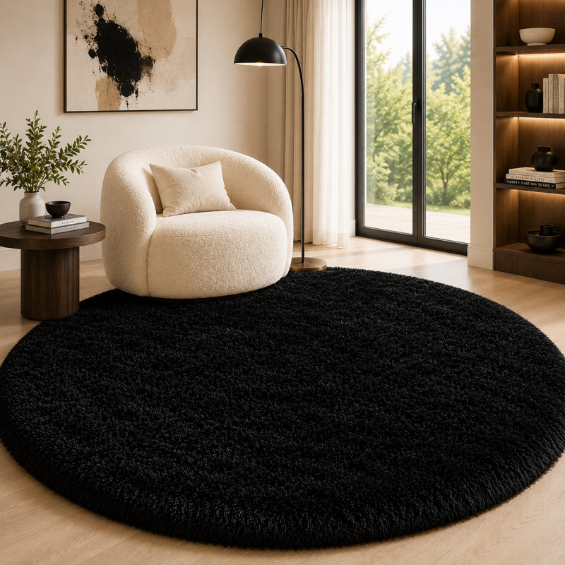 9x9 ft Black Round Rug for Bedroom Room Fluffy Circle Rug Furry Carpet Shaggy Circular Fuzzy Washable Non-Slip Large Area Rug Soft Indoor for Living Room Cute Aesthetic Home Decor