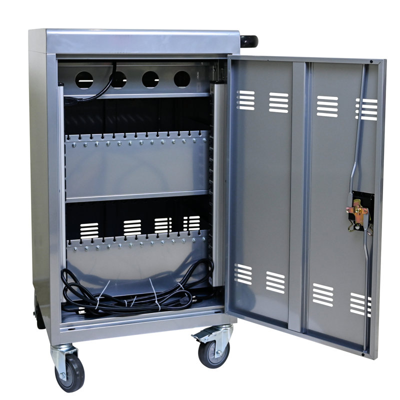 Silver Tablet Laptop Charging Cart Cabinet - 35 Quick Charge, Secure, Rustproof Mobile For Tablets & Laptops Holder Fast Safe Lock, Steel