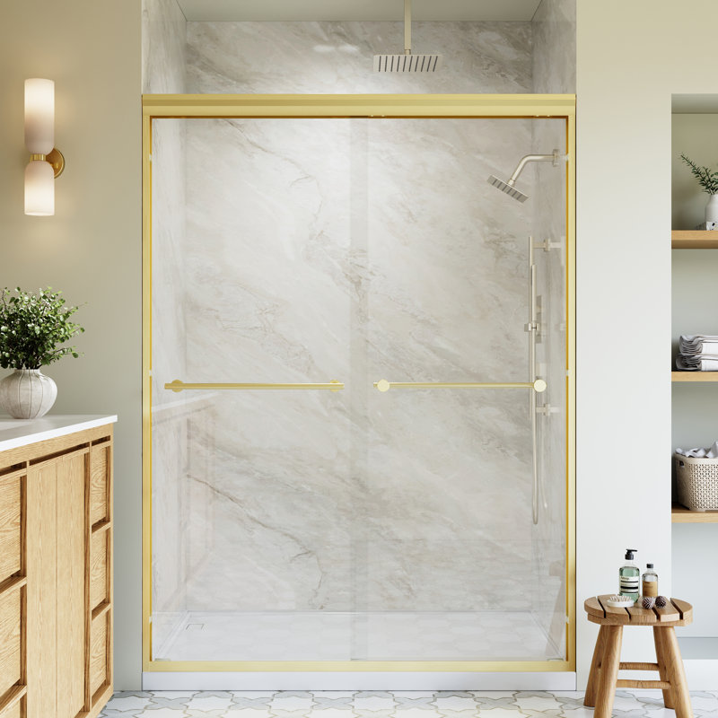 54"x 72" H Framed Sliding Shower Door with  1/4 inch(6mm) Clear Tempered Glass and Dual Handles,Brushed Gold, Brushed Gold