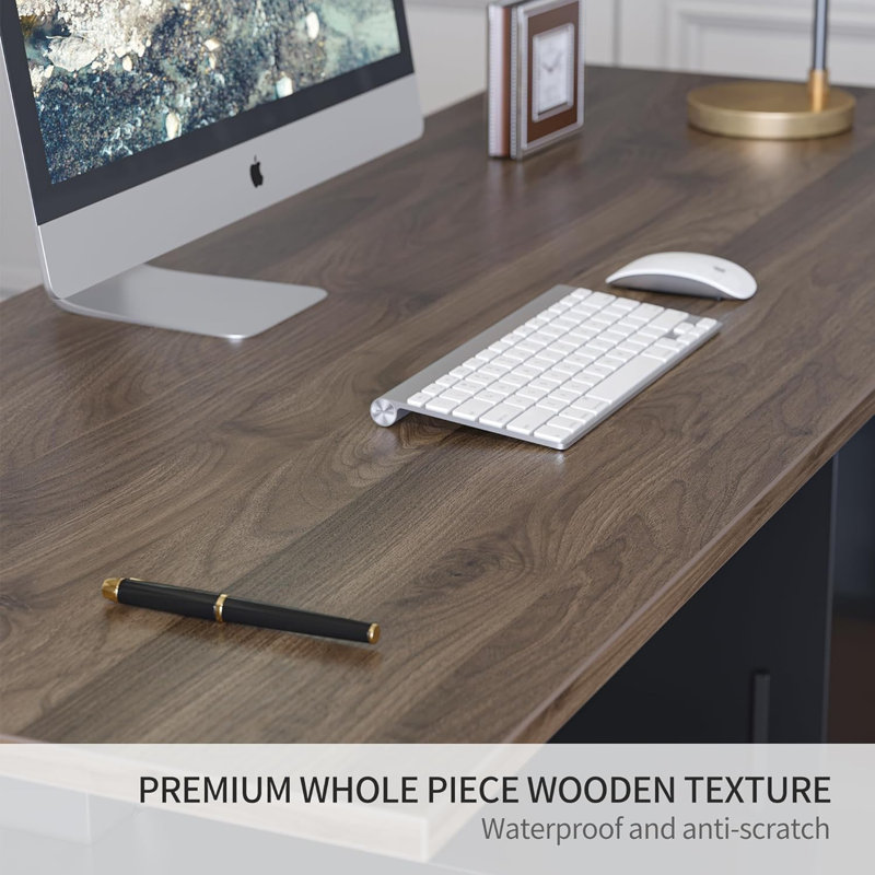 63" L Shaped Office Executive Standing Desk with File Cabinet, Black Walnut