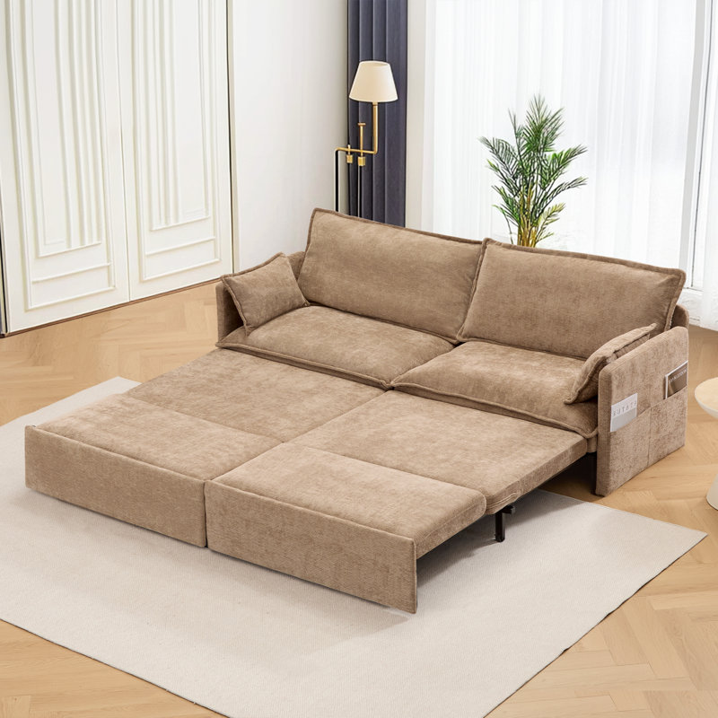 King Pull Out Sofa Bed – Convertible Sleeper Sofa Bed with USB Ports, Fabric Loveseat Chaise Lounge, Brown