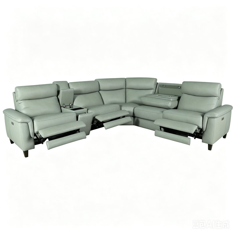 Canapé modulaire inclinable électrique en cuir 5 places avec console de rangement et recharge sans fil, Sea Foam