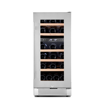 Réfrigérateur à vin 15 pouces Wineboos, réfrigérateur à vin sans soudure à deux zones en acier inoxydable 28 bouteilles, encastré / autoportant