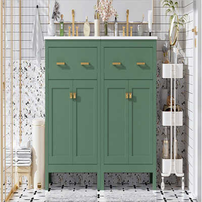 Ensemble de meuble-lavabo vert 60 po avec lavabos doubles (séparés), lavabos doubles en céramique, tablette réglable, portes à fermeture en douceur et tiroir rabattable - Solution de salle de bain moderne pour salles de bain spacieuses