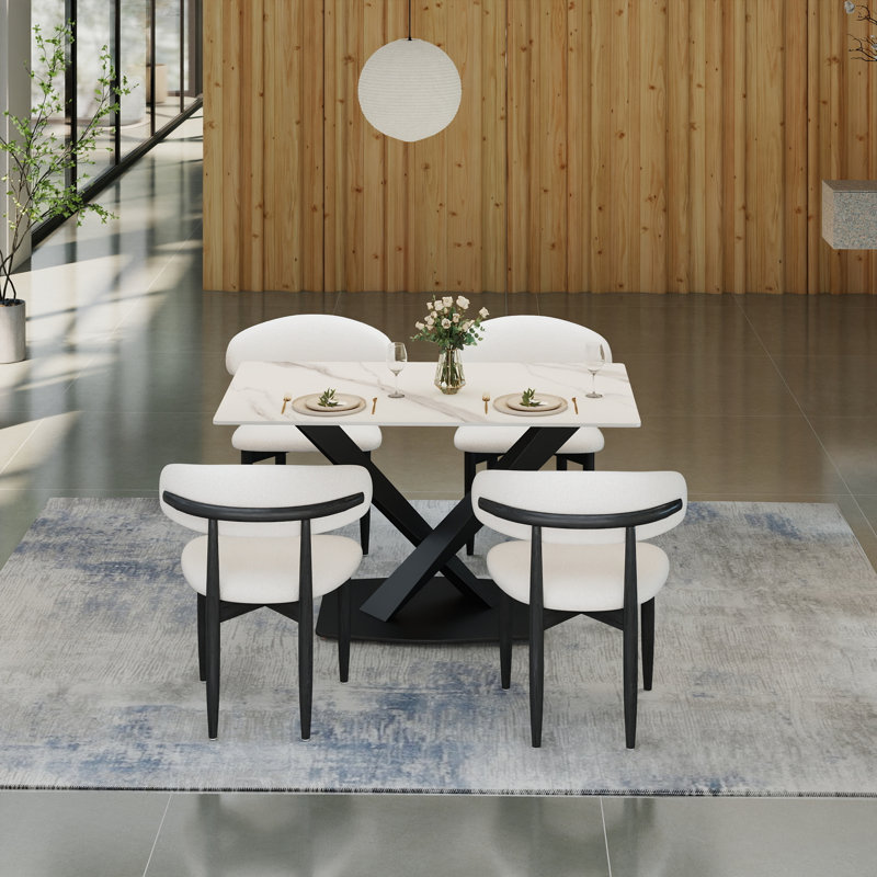 Ensemble de table de salle à manger 5 pièces Juvan, Noir / blanc, Blanc neige
