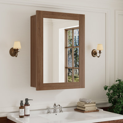 20'' W x 28'' H  Wood Framed Bathroom Medicine Cabinet with Mirror, Adjustable Shelves, Reversible Door, Wall-Mount or Recessed, Walnut, Fully Assembled