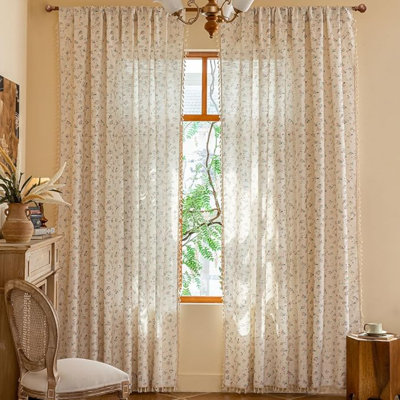 ENJOYBRIDAL Pink Floral Curtains 63 Inches Long 2 Panels Set Semi Sheer Living Room Drapes For Bedroom Decor Cute Short Window Curtain Panels Rod Pocket Dining Room Farmhouse Tassel Window Treatments