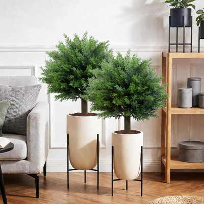 2 Pack Artificial Cedar Topiary Trees with Ground Spike 23" Faux Pine Shrubs Bushes UV Resistant Faux Evergreen Cedar Ball Tree for Front Door Porch Planters Indoor Outdoor Spring Summer Decor,Set of 2