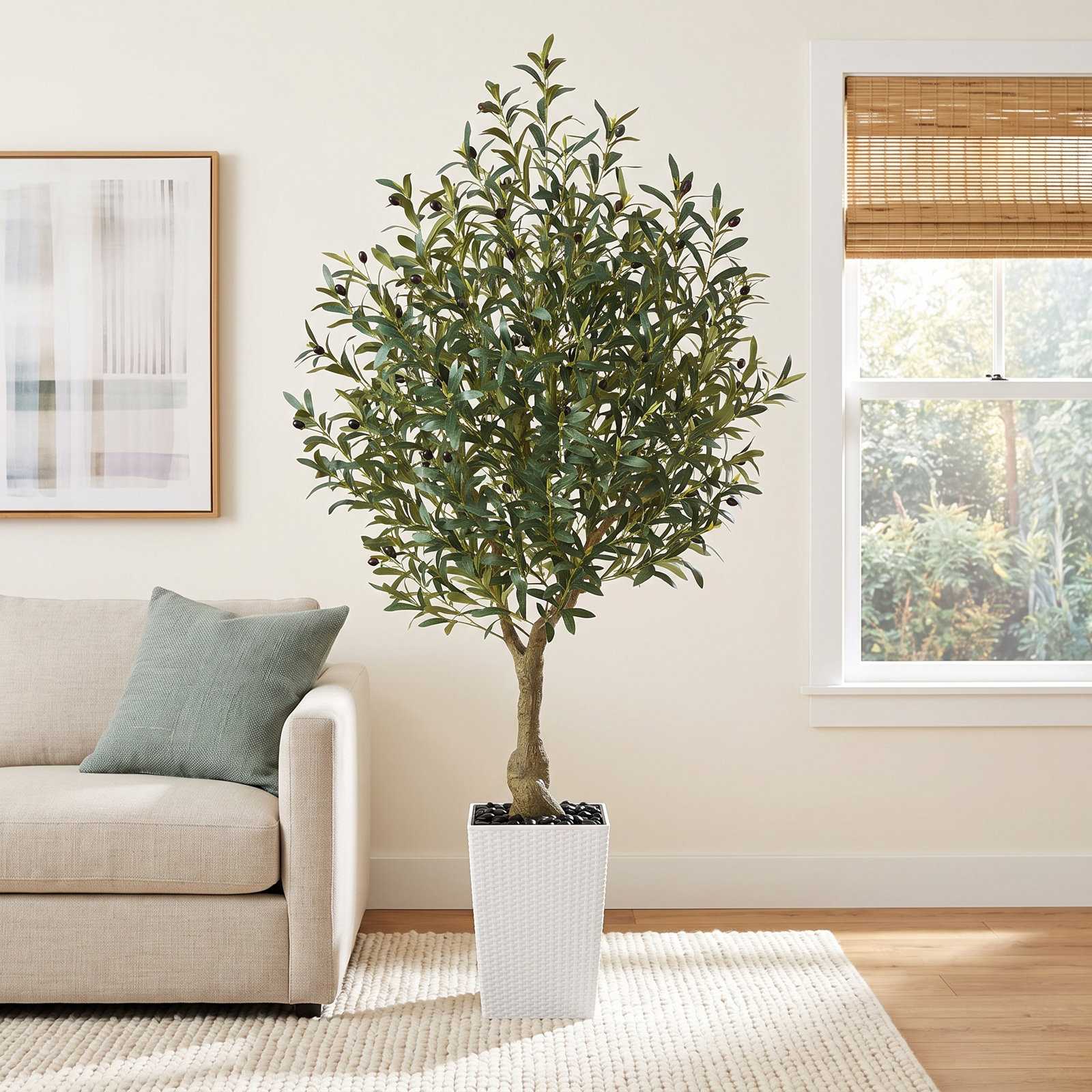 Adcock Olive Tree in Decorative Vase, White, 72" H x 16" W x 24" D
