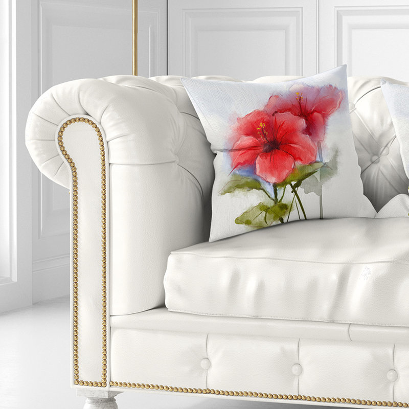 Fleur d'hibiscus rouge aquarelle - coussin imprimé floral, 18 po x 18 po, Coussin décoratif