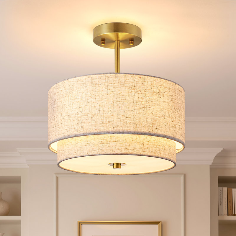 13" Modern Drum Semi-Flush Mount Ceiling Light – Gold Finsh with Double-Layer Linen Shade, D13"×H13"