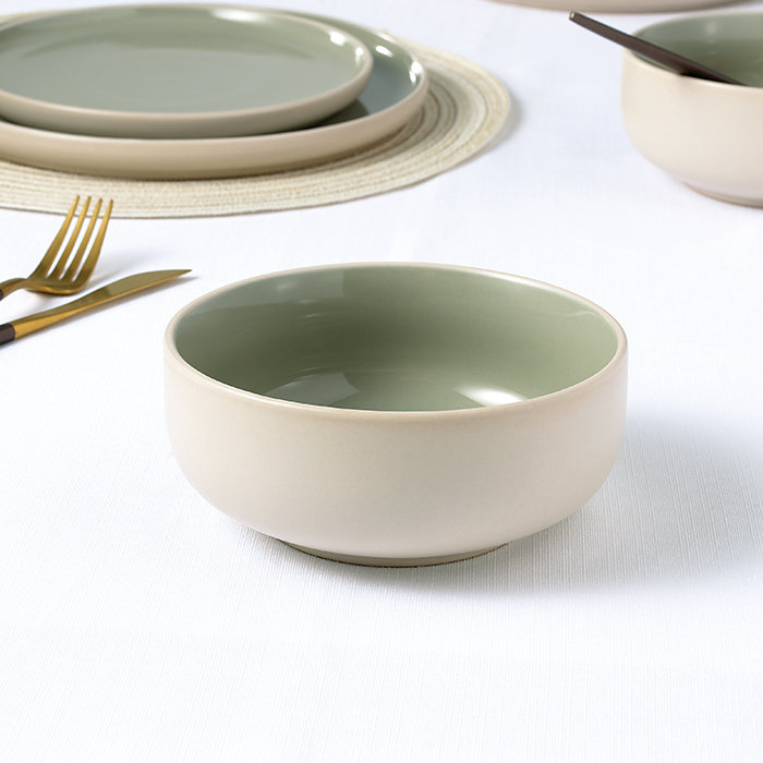 Waterside 12pc 2 Tone Matt & Shiny Stoneware Dinner Set, Cream/Green