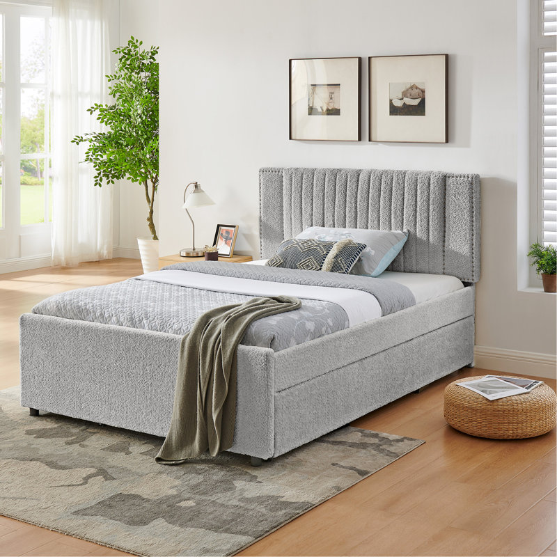 Full Size Vertical Channel Tufted Headboard & Nailhead Trim Space Saving Upholstered Bed, Multi-functional Design with 2 Storage Drawers and Pull-out Trundle Bed, Chenille