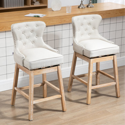 2 tabourets de bar rembourrés, blanc crème, pivotant à 180 °, hauteur de siège de 30 po, pieds en bois d'hévéa, chaises de pub stables et modernes pivotantes en tissu d'ameublement, charmant
