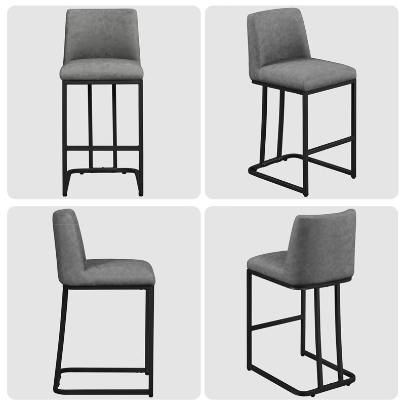 Gray Faux Leather Upholstered Counter Stools with Iron Frame, Set of 2