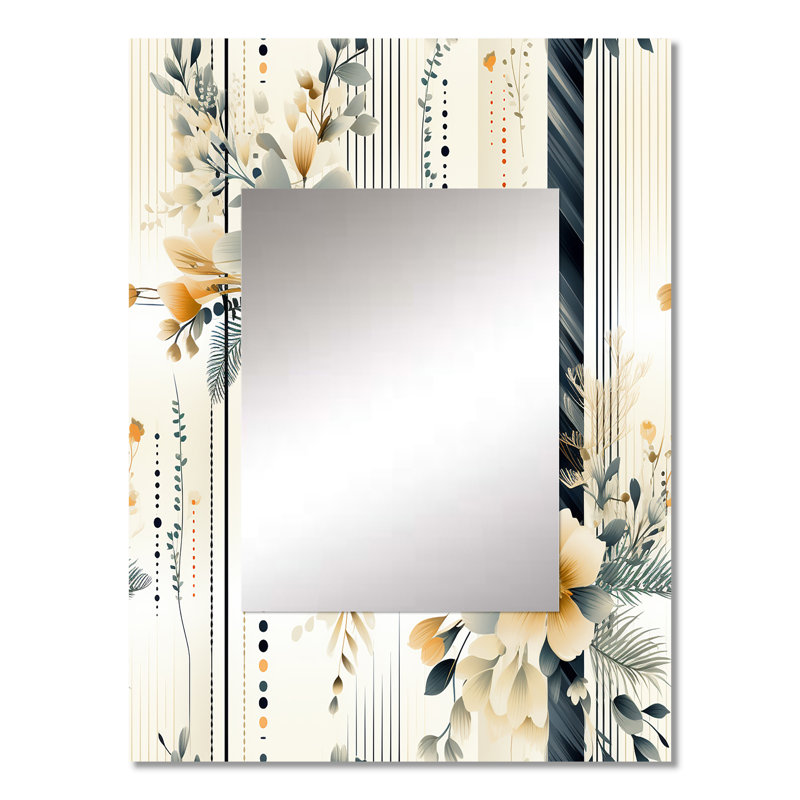 Shiena Neutral Greys Flowers Accents - botanical  Large Mirror, Boho Decorative Wall Mirror, Printed Metal Art, 32" x 24"