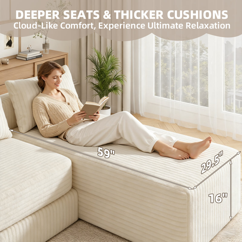 Canapé-lit modulaire convertible 4 en 1 avec méridienne réglable et siège profond, rembourré, avec 2 coussins, sans assemblage, beige