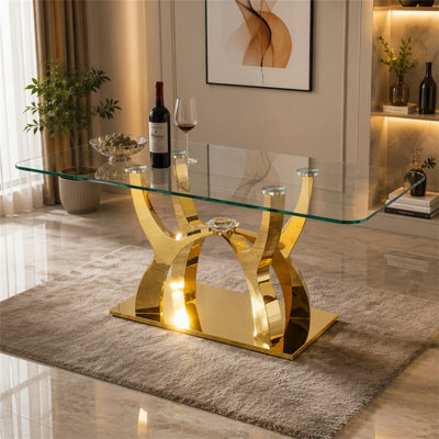 Table de salle à manger de luxe en verre pour 6 personnes, plateau en verre transparent de 175 cm (68,9 pouces) avec piètement incurvé moderne doré, table de salle à manger contemporaine avec accents de cristal
