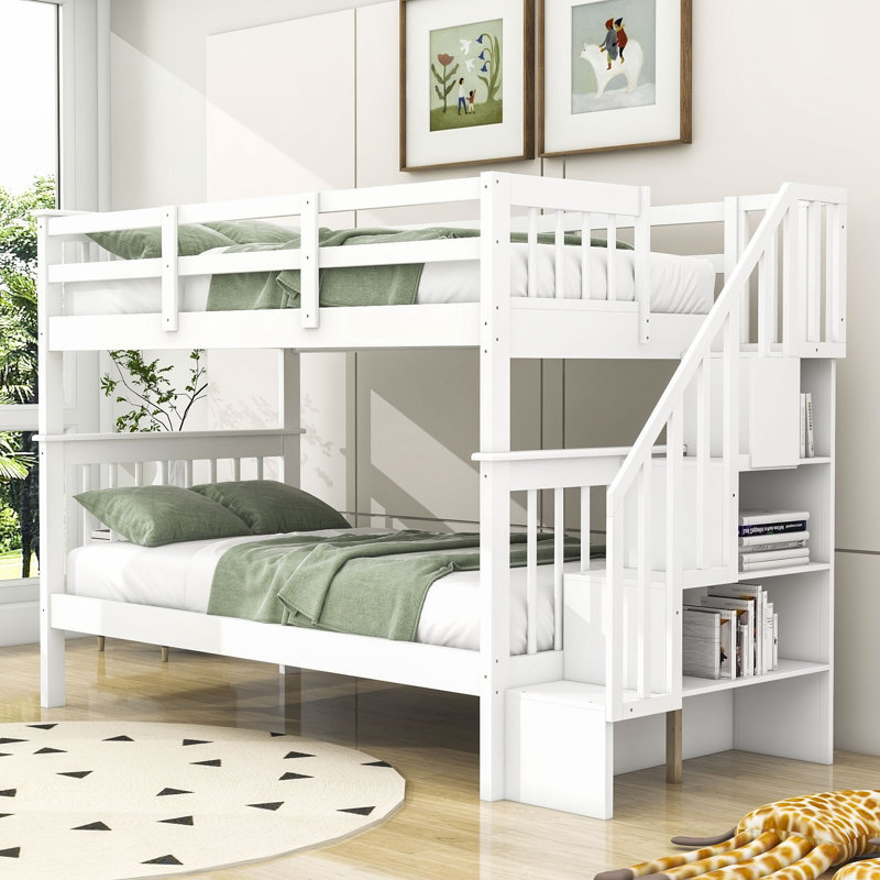 Lit superposé double en bois avec tablettes de rangement, Twin Over Twin, Blanc
