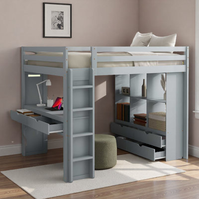 6 Drawers Loft Bed With Lighted Desk And Bookcase
