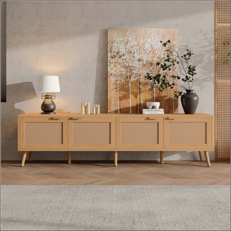 Meuble télé moderne avec portes en rotin pour téléviseur de 80 po ou moins, console multimédia avec espace de rangement et trous pour câbles, centre de divertissement pour le salon