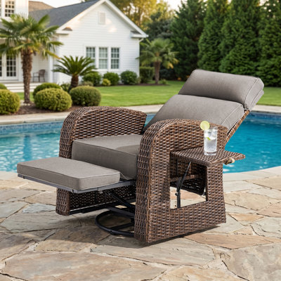  Outdoor Wicker Swivel Chair with Adjustable Backrest & Footrest, 360° Rotation, Thick Cushion & Flip Side Tray