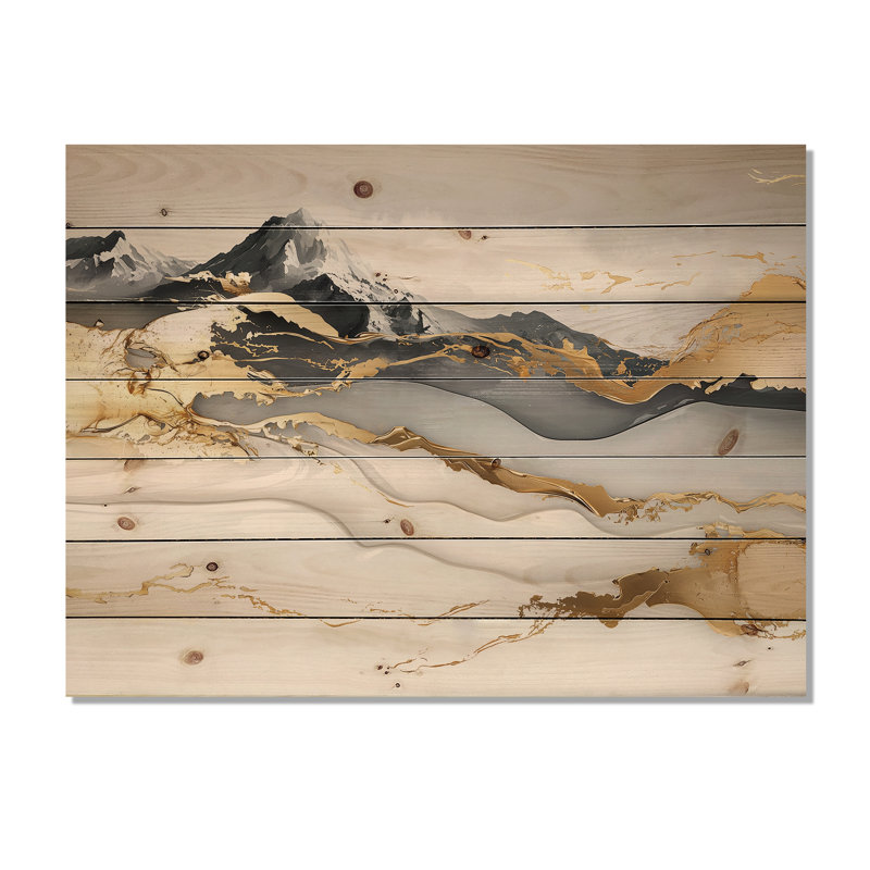 Golden Mountain Aurora Over The Marble - Décoration murale paysage abstrait sur bois de pin naturel