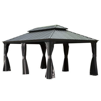 Grand pavillon de jardin extérieur en métal 12 pi x 20 pi avec toit double en acier galvanisé, structure en aluminium, rideaux et filet pour patio, terrasse, jardin, gris