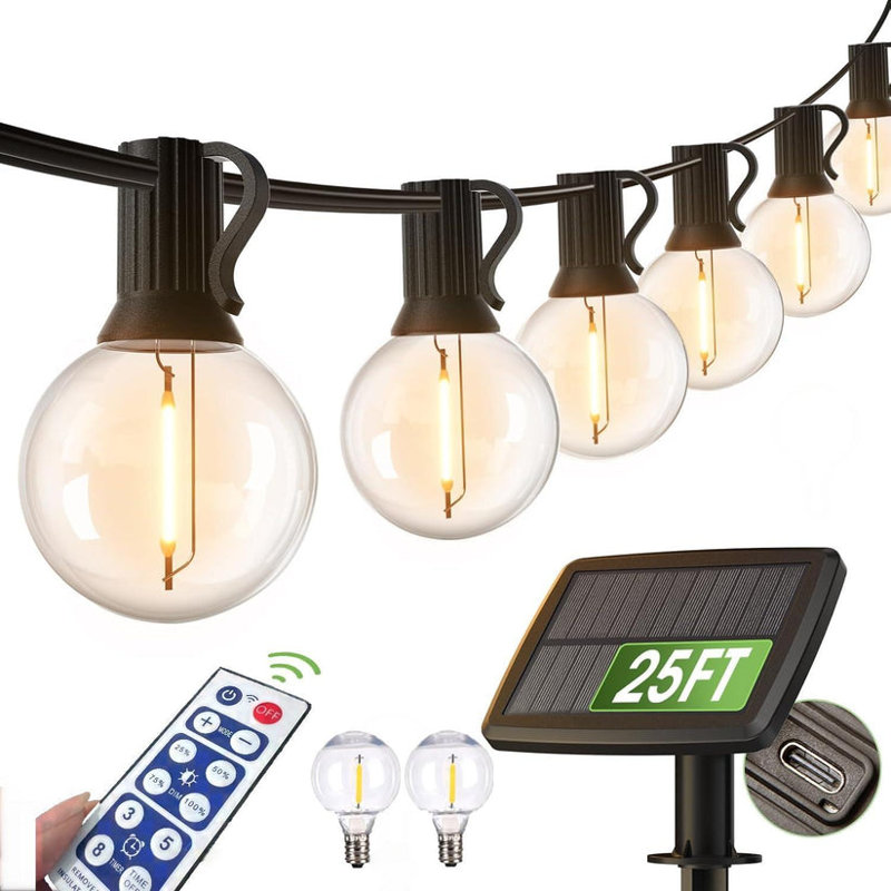 Solar Outdoor Bright String Lights Patio Bistro Lights, 25ft 27LED 3W G40 Bulbs, USB Rechargeable Portable Edison Café String Lights for Porch, Pergola, Backyard, Garden, Pool, Party, Camping