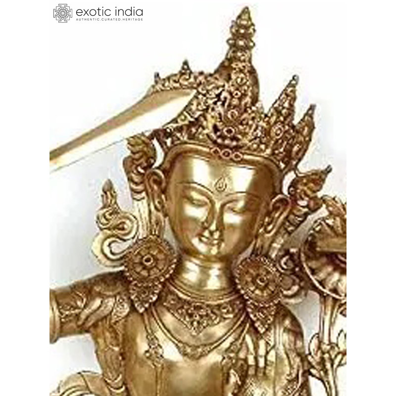 Brass Manjushri Bodhisattva Statue, 3.2 ft Tall     Tibetan Buddhist Deity Decor for Meditation Room & Spiritual Altar