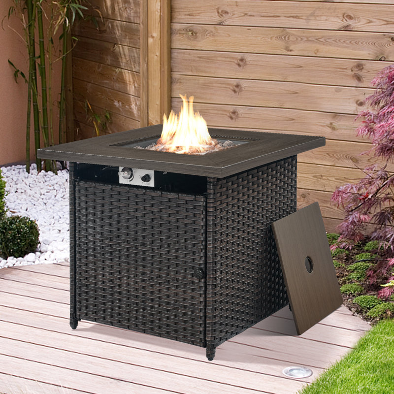 30" Wicker Square Outdoor Patio 50,000 BTU Propane Gas Fire Pit Table With Lid, Brown