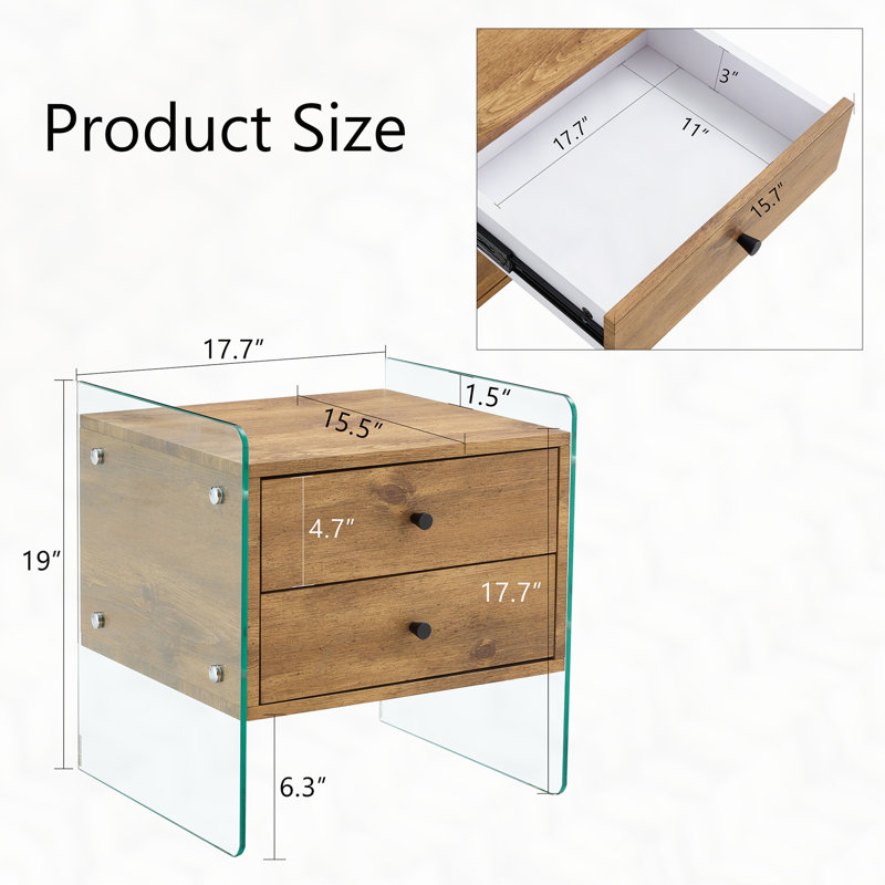 Double-drawer bedside table. The board surface is MDF with grain sticker, and both sides are transparent tempered glass. The design is simple and elegant, with excellent storage functions