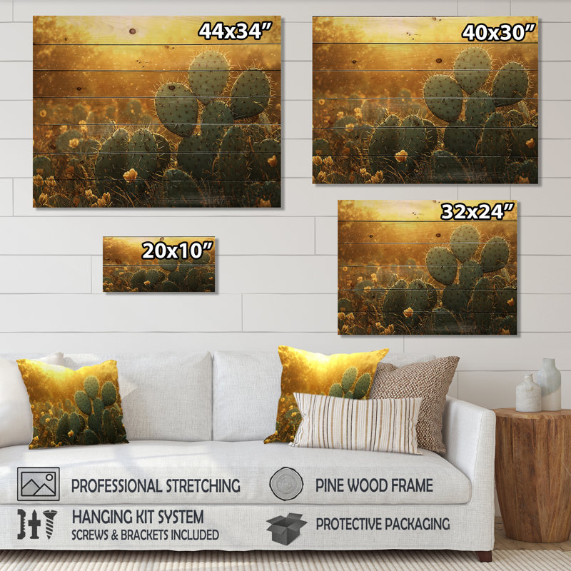 Cactus dans la lumière dorée I - Art mural en bois floral cactus - sur bois de pin naturel, H 24 po x l 32 po x P 0,78 po