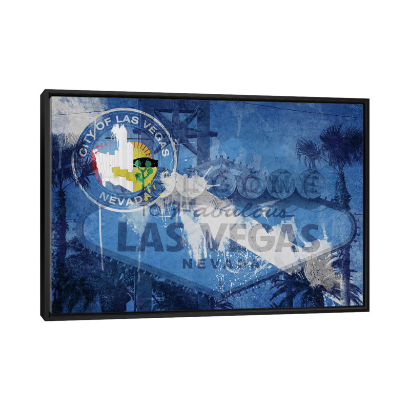 «Flags Las Vegas Welcome Sign», impression sur toile, H 40 po x l 60 po x P 1,5 po, Toile avec cadre noir, Pas de tapis
