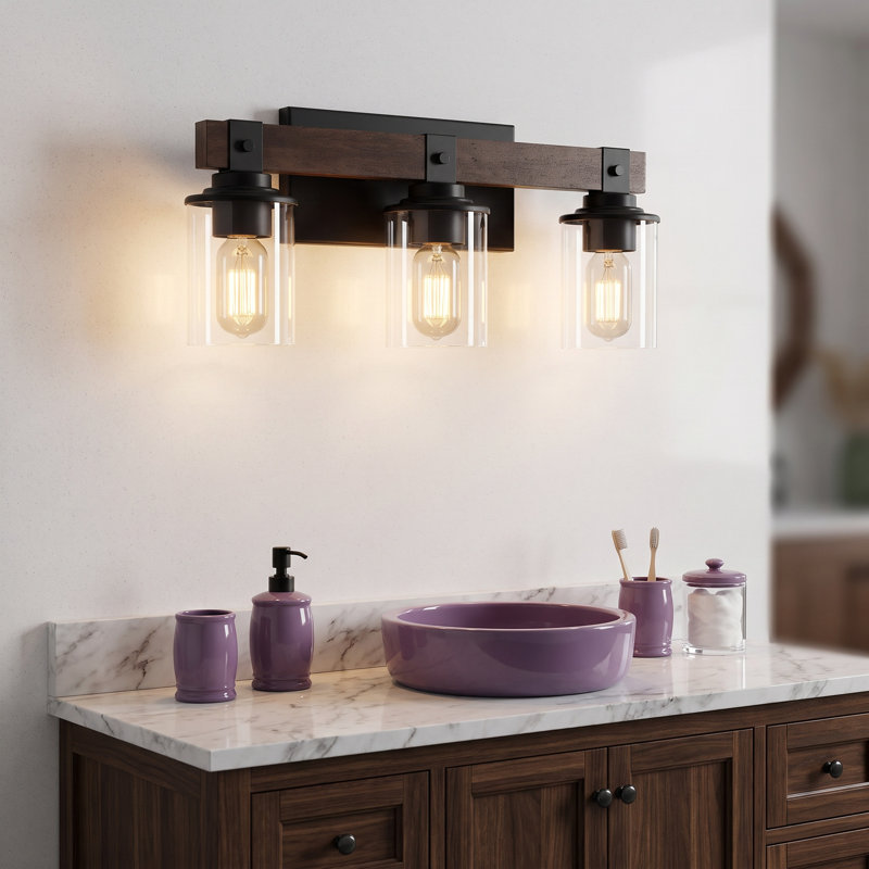 19'' 3-Light Rustic Farmhouse Vanity Light Wood Bathroom Wall Sconce Over Mirror with Glass Shades, 3