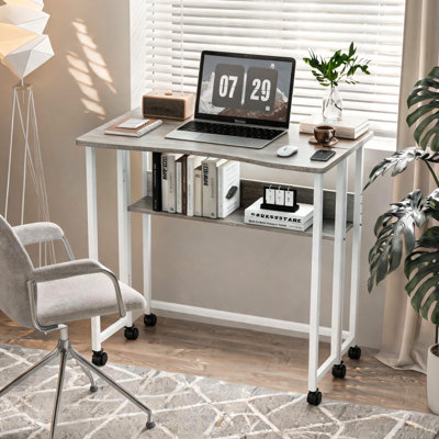 Bureau d'ordinateur pliable 31,5 po avec tablette de rangement et roulettes verrouillables pour le bureau personnel et les petits espaces