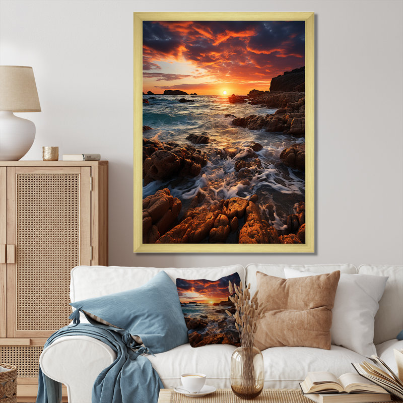 Espagne, coucher de soleil à Ibizas IV sur toile, H 40 po x l 30 po x P 1,5 po, Encadrement doré