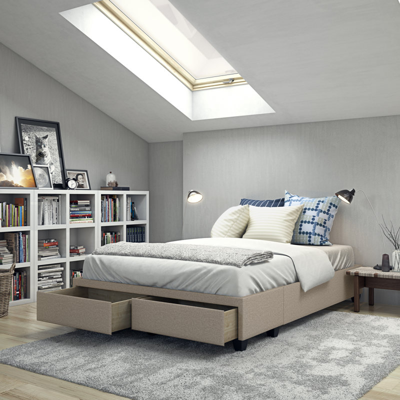 Lit plateforme avec rangement en lin Boyd Modena, Beige, Grand
