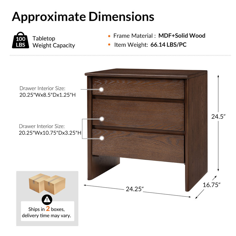 Jepson 24.25''W Fully Assembled Mid-century Modern 3 Soft-Close Drawers Nightstand with Built-In Outlets, Walnut