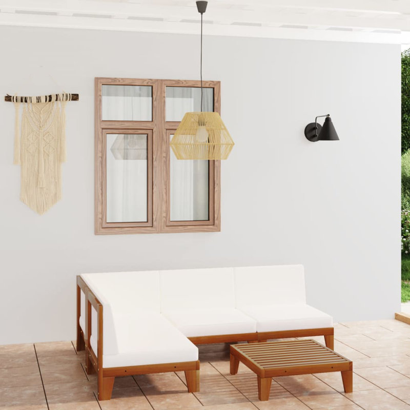 Ensemble de patio 6 pièces avec coussins Koehn, Blanc, crème, 2 x coin + milieu + fauteuil + repose-pieds + tabl